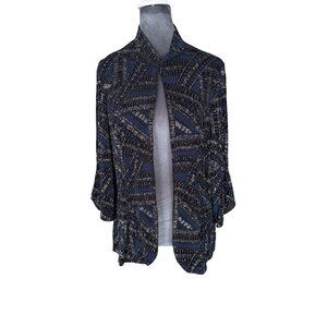 Alex Evenings Womens Open Front Jacket XL Black & Blue Geometric Print 3/4 Sleev